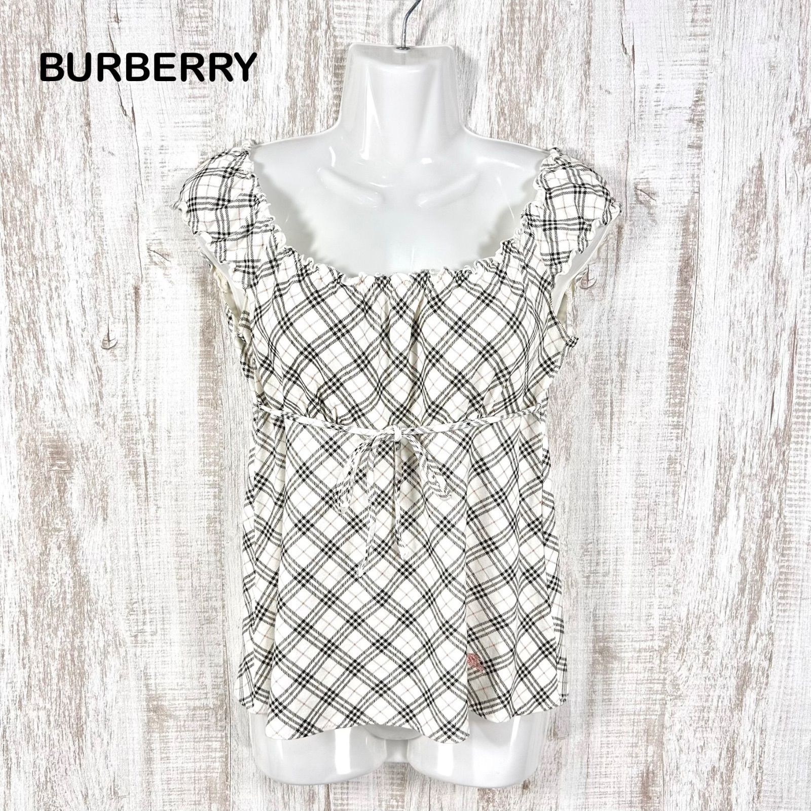 00s BURBERRY BLUE LABEL バーバリーブルーレーベル ホースロゴ刺繡 ノバチェック リボン カットソー ホワイト y2k