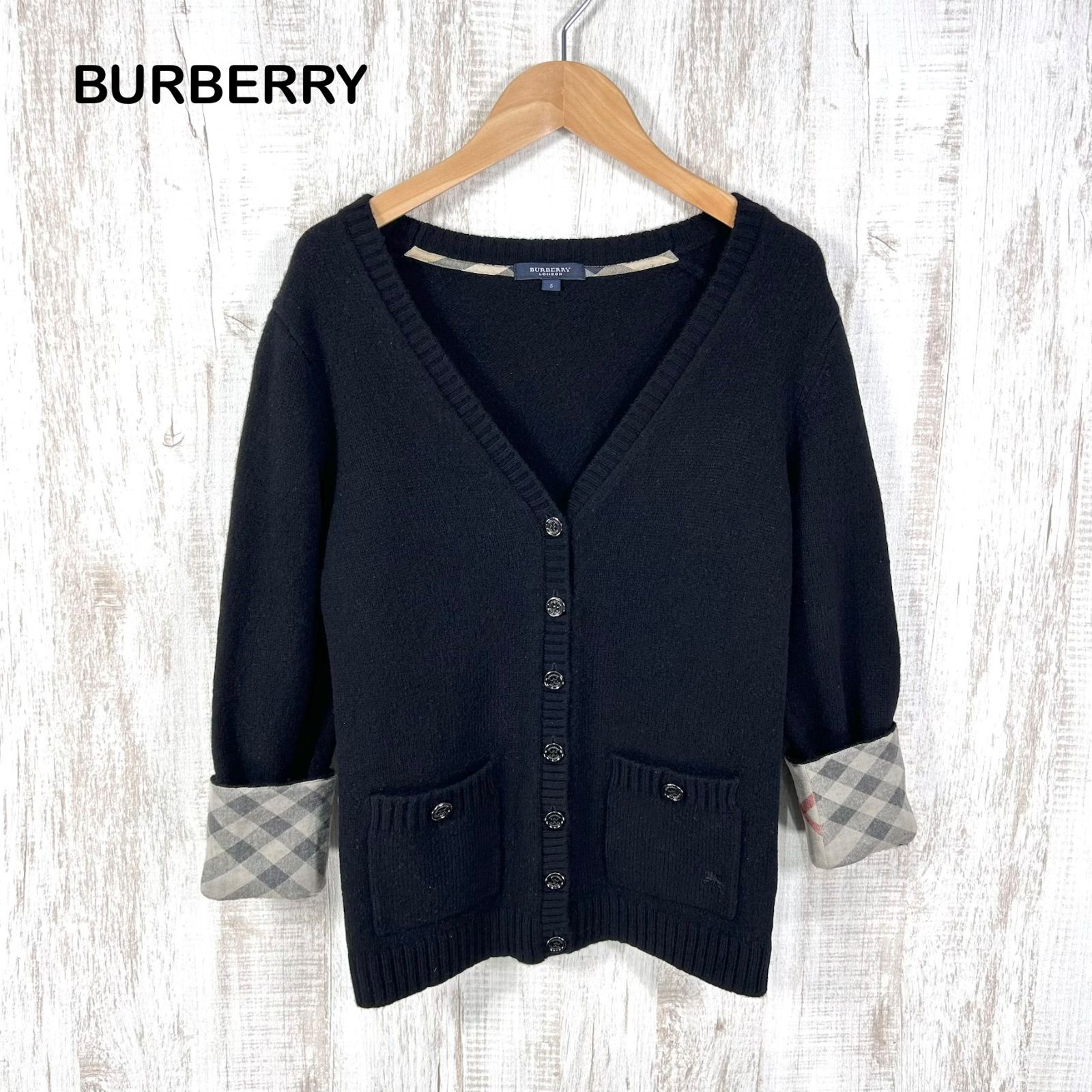 BURBERRY LONDON バーバリーロンドン ノバチェック カシミヤ Vネック カーディガン ブラック 大きいサイズ 6,460円