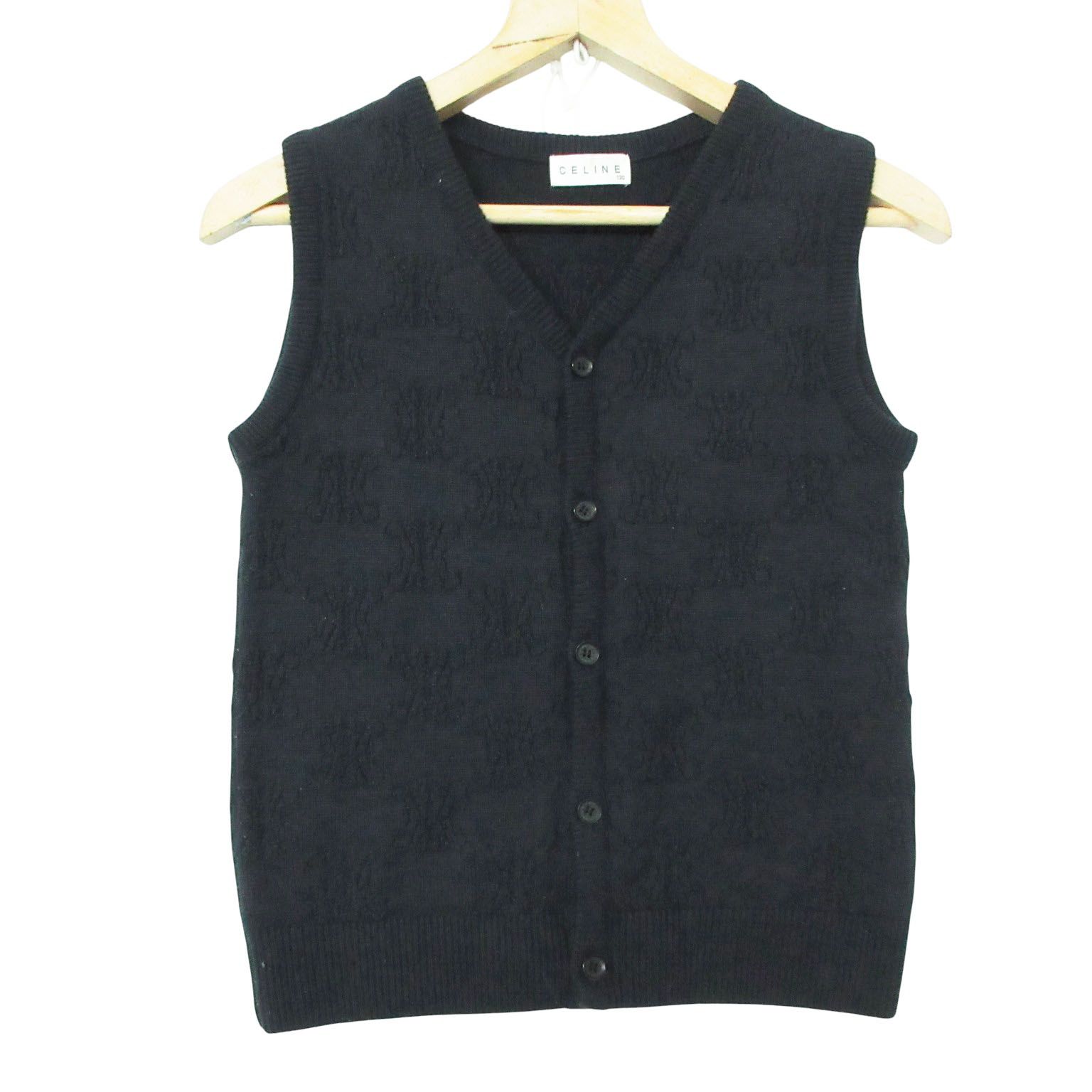 CELINE セリーヌ ベスト ノースリーブ Vネック ニット マカダム柄 トリオンフ ロゴ トップス 子供服 ネイビー 130㎝ 【中古】