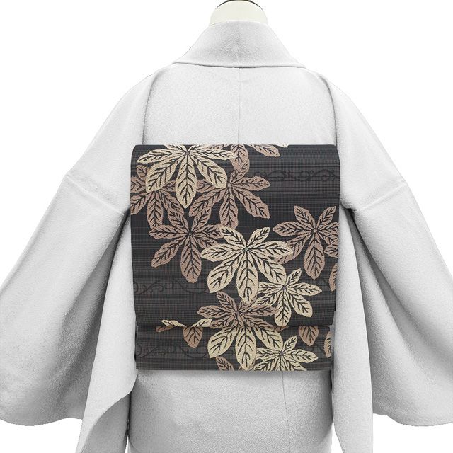 新古品】 袋帯 西陣 岡文織物 正絹 ラメ糸 黒グレー 淡茶 ブラウン