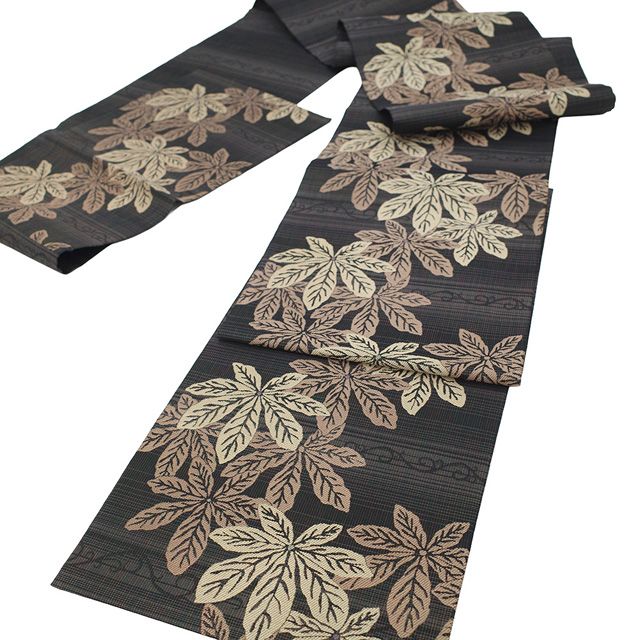 新古品】 袋帯 西陣 岡文織物 正絹 ラメ糸 黒グレー 淡茶 ブラウン