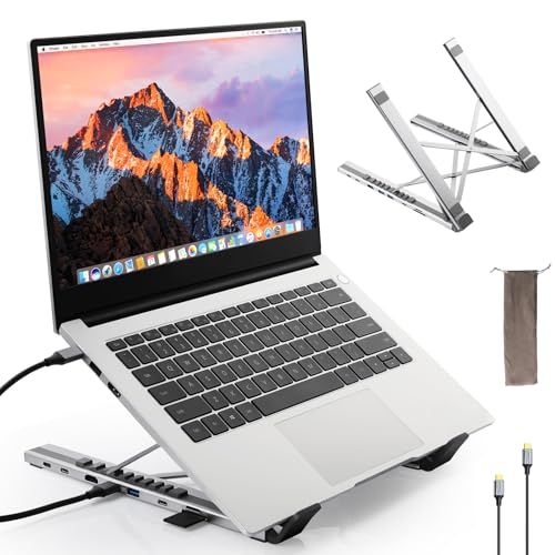 ノート PC スタンド ドッキングステーション一体型 USB ハブ付き 9 段階角度調整 人間工学 折りたたみ 携帯型 在宅勤務 オフィス リモートワーク用 4KHDMI 出力 USB3.0 デスク整理 滑り止め安定設計 アルミ合金製 収納袋 ef81666f