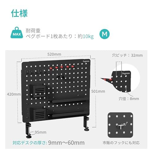 PEGZONE ペグボード デスクサイド 収納ラック パネル 工具不要 簡単取り付け クランプ式 カスタム対応 小物収納棚 卓上 机の下 有孔ボード テーブルサイド ペンホルダー ヘッドホンフック付属 ブラックas 8842f7fa