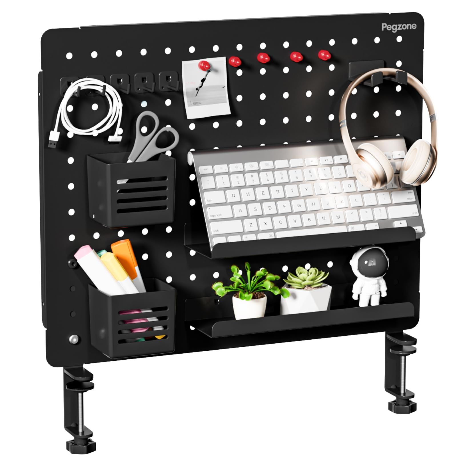 PEGZONE ペグボード デスクサイド 収納ラック パネル 工具不要 簡単取り付け クランプ式 カスタム対応 小物収納棚 卓上 机の下 有孔ボード テーブルサイド ペンホルダー ヘッドホンフック付属 ブラックas 8842f7fa