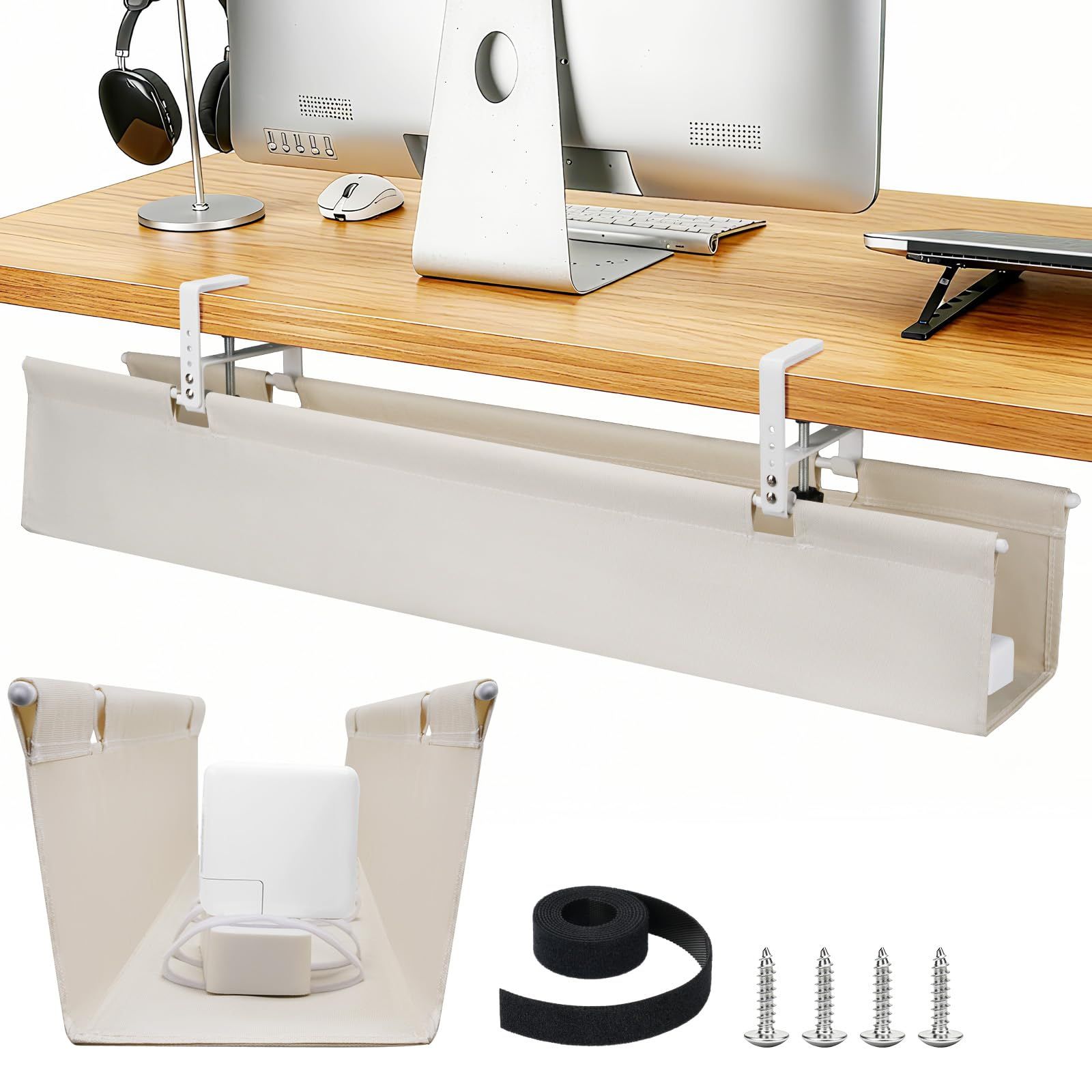 SHUWEI ケーブルトレー デスク下 幅91cm 大容量配線トレー クランプ/ネジ固定 配線隠し ケーブル収納 固定用ベル卜と結束バンド付き 天板の厚み1~5.5cmまで対応 デスク周り収納 (オフホワイト, 横幅91cm)as 3c65a129