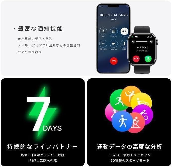 ☆新品☆スマートウォッチ 日本製センサー 健康管理 通話機能 1.9インチ大画面 iPhone/Android対応 Bluetooth5.3 多機能測定 文字盤自由設定 多種類運動モード Lineなど着信通知 音楽再生 IP67防水 多言語対 c71e64d3