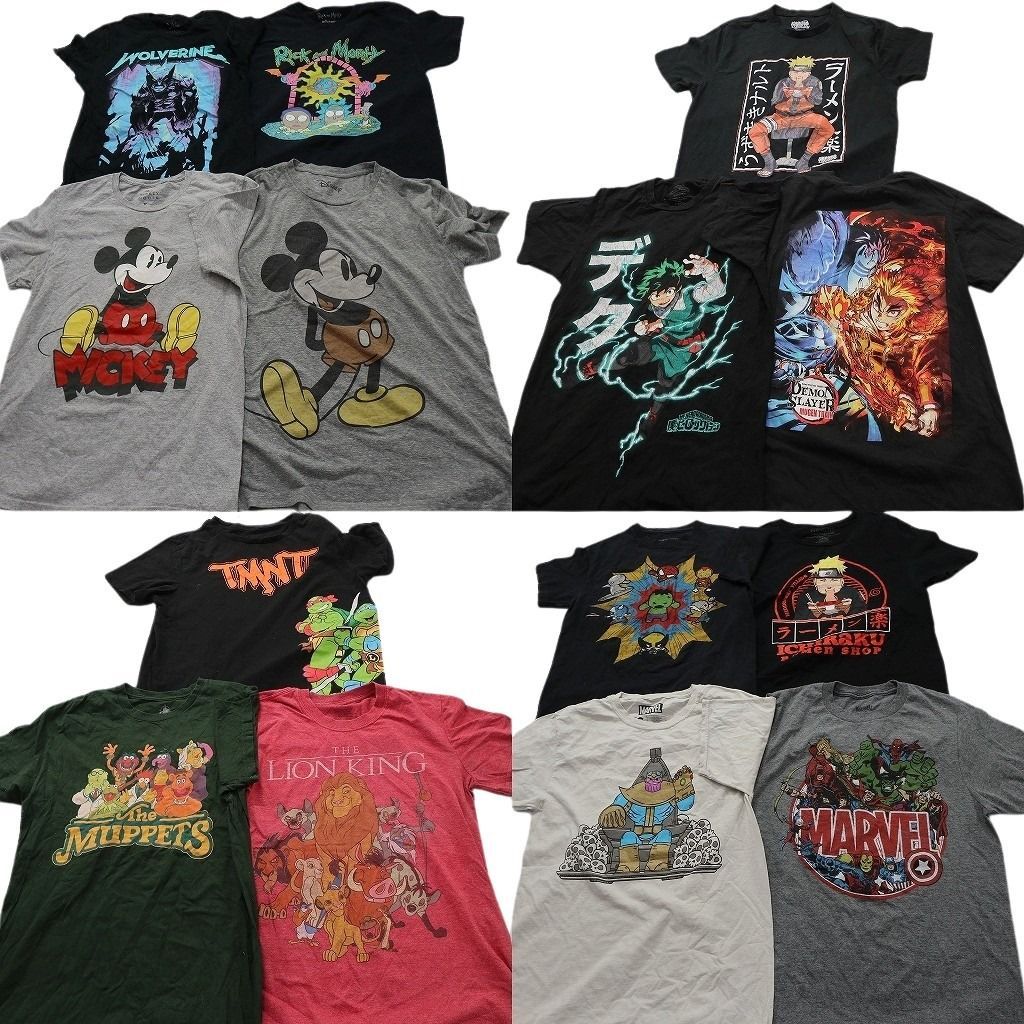 古着卸 まとめ売り キャラクター Tシャツ 14枚セット ( メンズ S ) ディズニー ミッキー タートルズ マーベル ナルト 中古 古着 NE8948