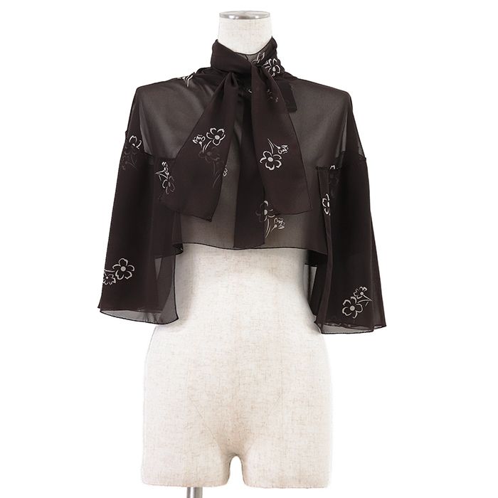 【極美品】PRADA プラダ シアー ケープ サイズ 38 レディース シフォン シースルー フローラル クロップド丈 ポリエステル100% ジャケット アウター ハンガー付属 ダークブラウン 茶色