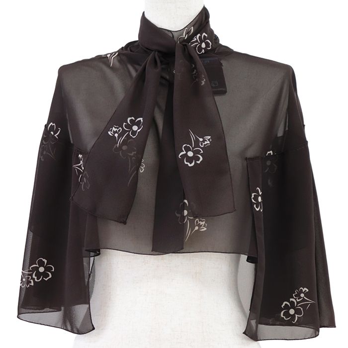 【極美品】PRADA プラダ シアー ケープ サイズ 38 レディース シフォン シースルー フローラル クロップド丈 ポリエステル100％ ジャケット アウター ハンガー付属 ダークブラウン 茶色