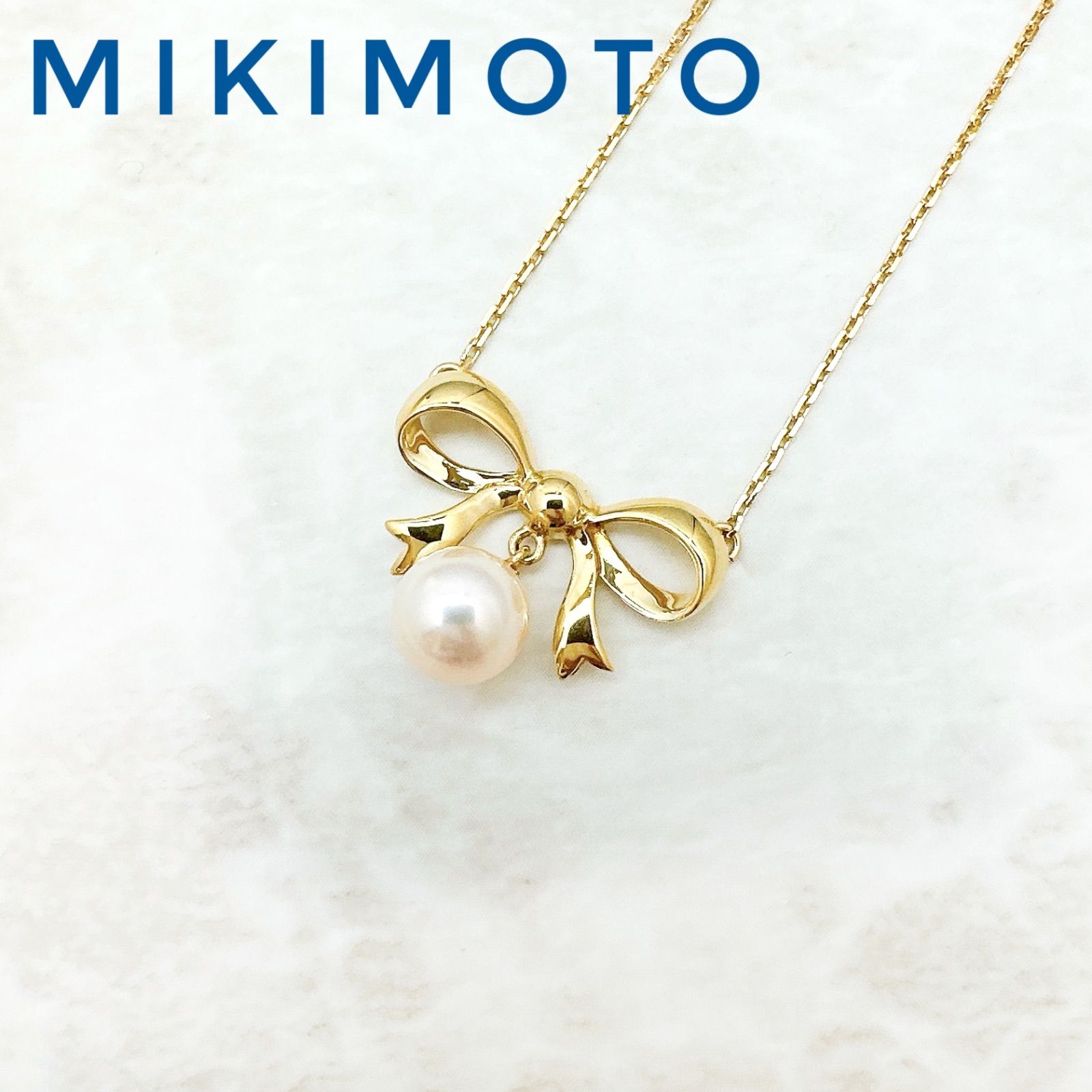 美品?MIKIMOTO パール7.2mm リボン イエローゴールド ネックレス 約40cm U