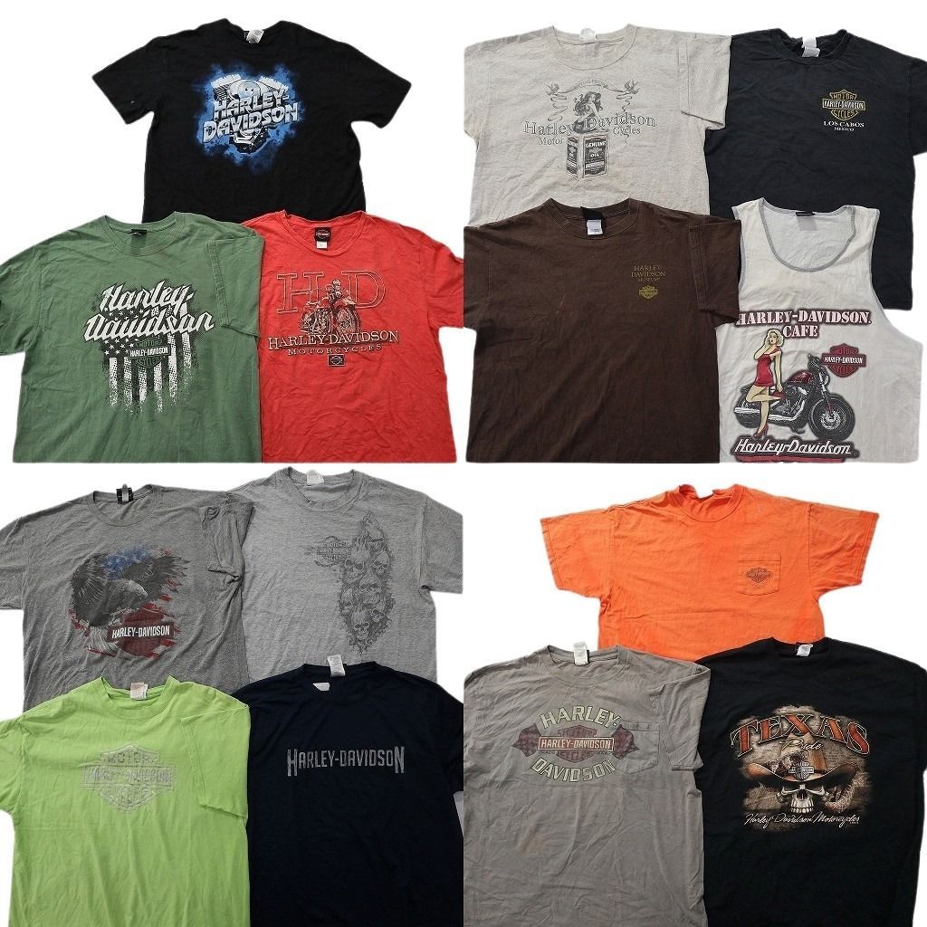 古着卸 まとめ売り ハーレーダビッドソン Tシャツ 14枚セット ( メンズ L/XL ) バイク ポケT スカル ブラック 中古 古着 NE9024