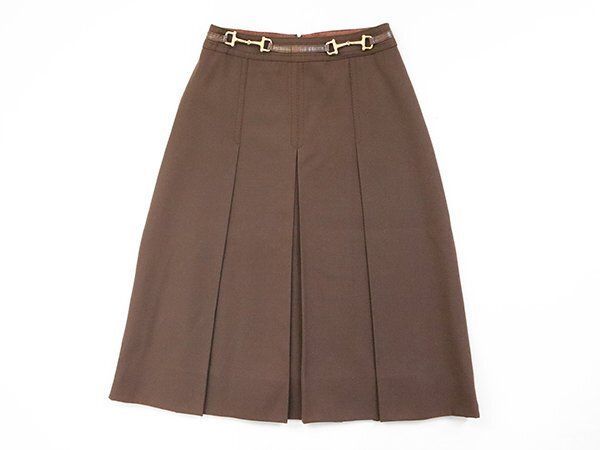 オールド CELINE ◆ ホースビット装飾付き プリーツスカート 茶 フランス製 セリーヌ ヴィンテージ◆GG56