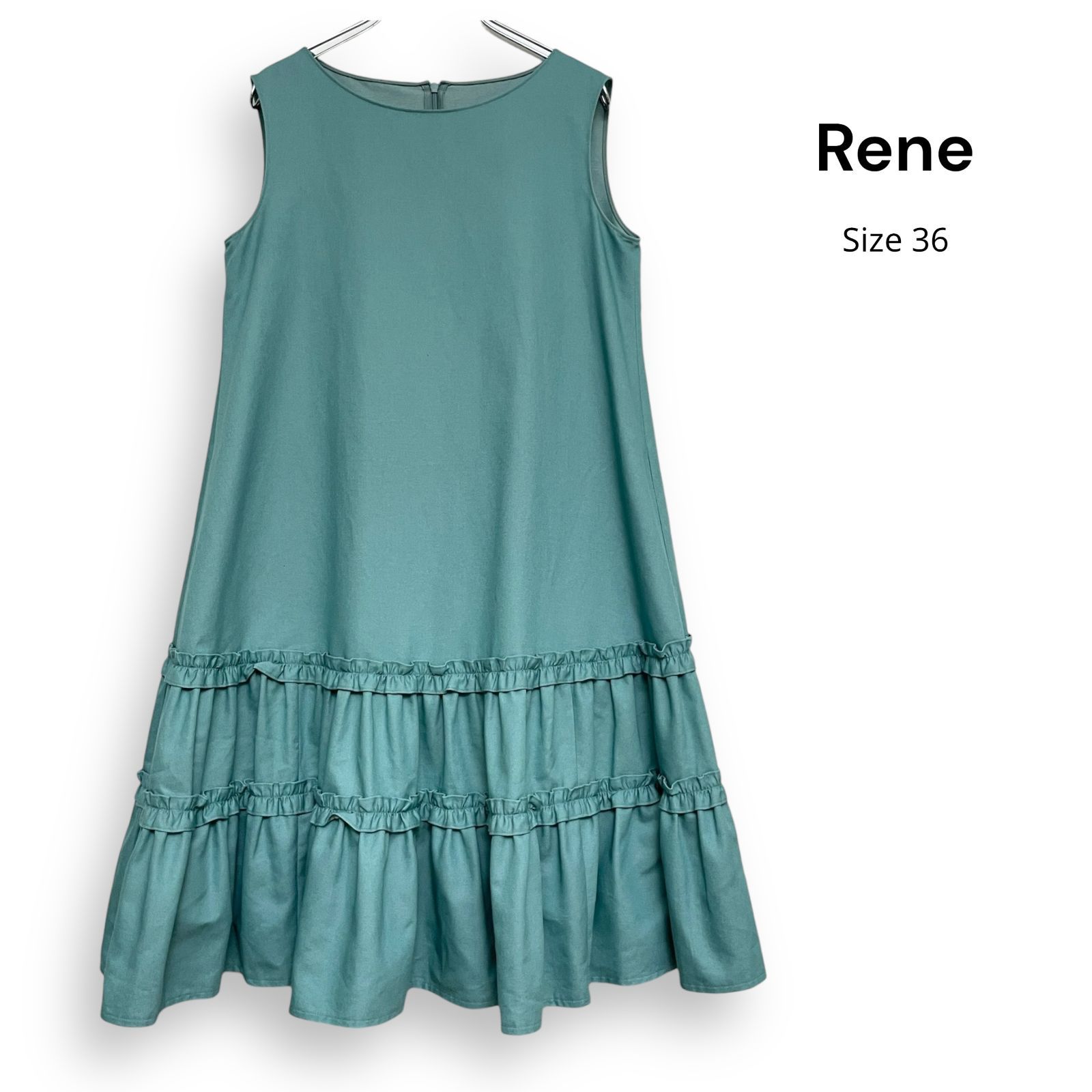 Rene ルネ ノースリーブワンピース グリーン ドレス E554 Rene ルネ ティアード ノースリーブ フレア ワンピース グリーン