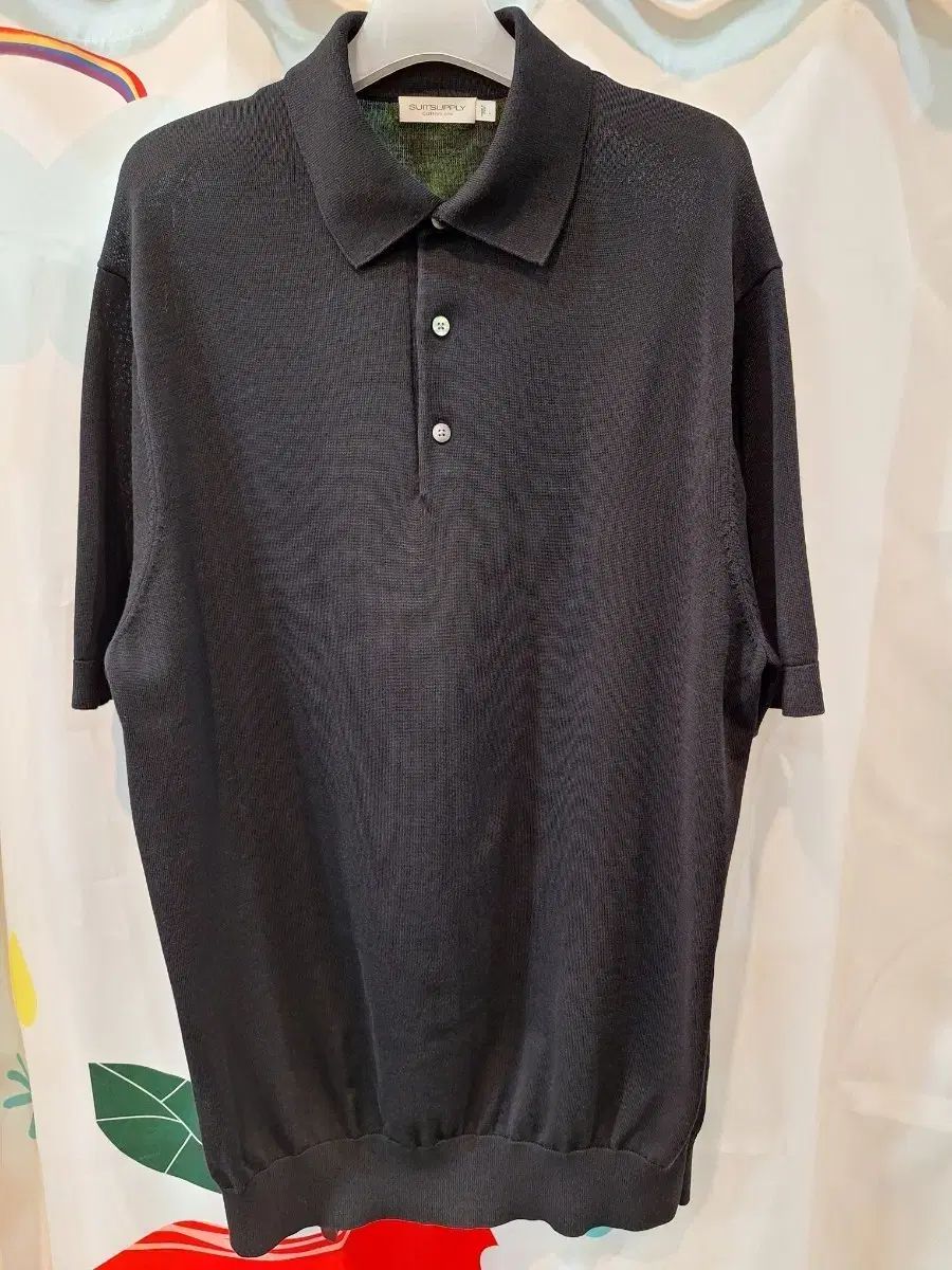 スーツサプライ ブラック ニット 半袖 ポロTシャツ