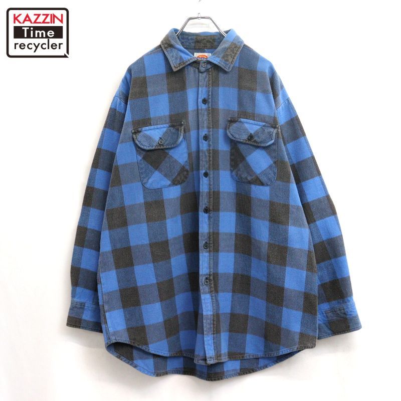 80s vintage Dickies ブロックチェック柄 ヘビーネル 長袖シャツ メンズ 表記XLサイズ