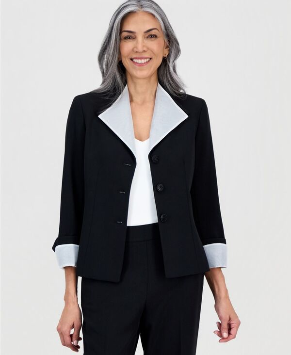 カスパール レディース アウター ジャケット・ブルゾン プチ 長袖 Kasper Womens ThreeButton LongSleeve Jacket Regular Petite Blackvanilla Ice ブラック