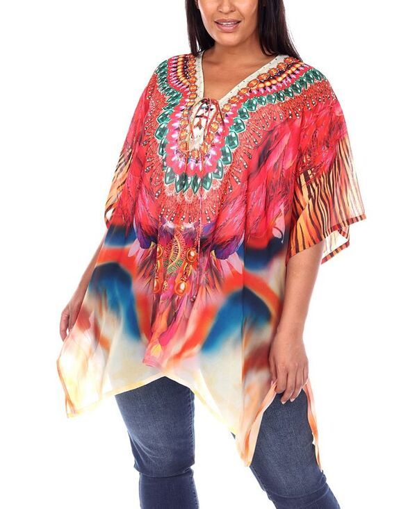 ホワイトマーク レディース トップス シャツ プラスサイズ White Mark Plus Size Short Caftan with TieUp Neckline Red Orange レッド