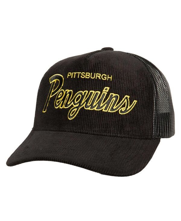 ミッチェルネス メンズ アクセサリー 帽子 Mitchell Ness Mens Black Pittsburgh Penguins Times Up Classic Script Cord Trucker Adjustable Hat Black ブラック