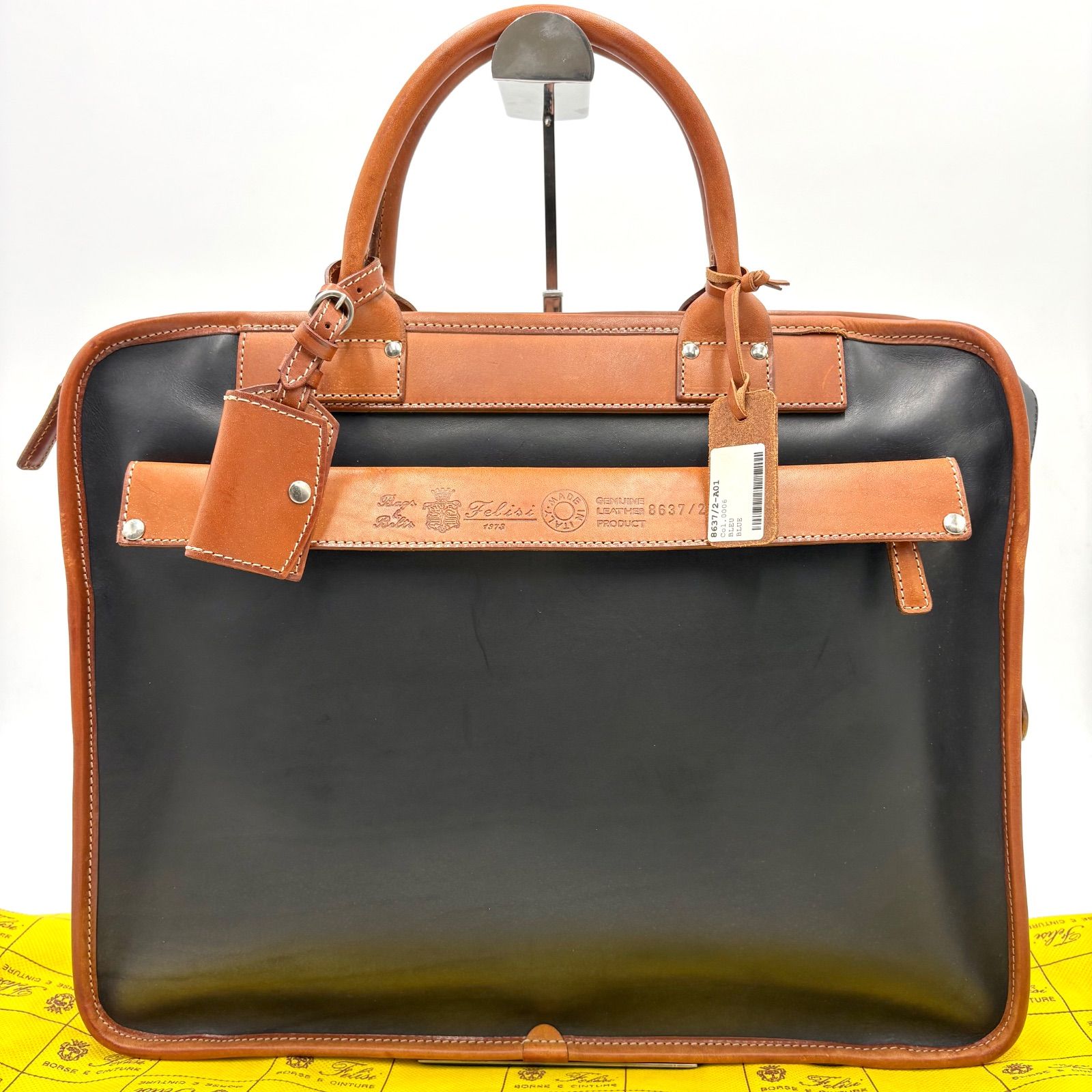 新品同様◎Felisi フェリージ 8637/2 パケッタレザー フルレザー 本革 ブリーフケース メンズ ビジネスバッグ ネイビー×ブラウン
