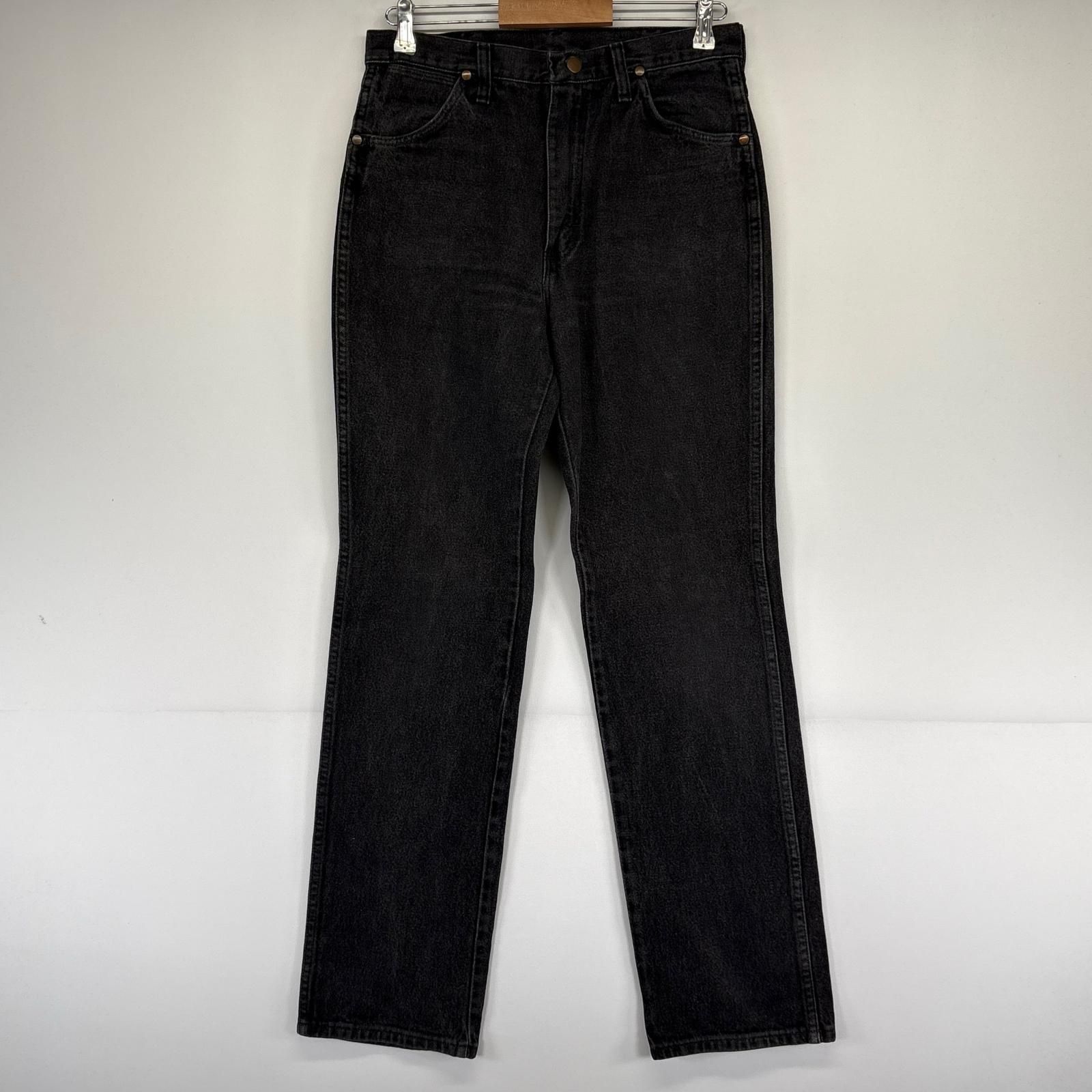 古着 ラングラー Wrangler USA製 デニム パンツ Gパン ストレート レザーパッチ 5ポケット W32×L34 ブラック系 メンズ