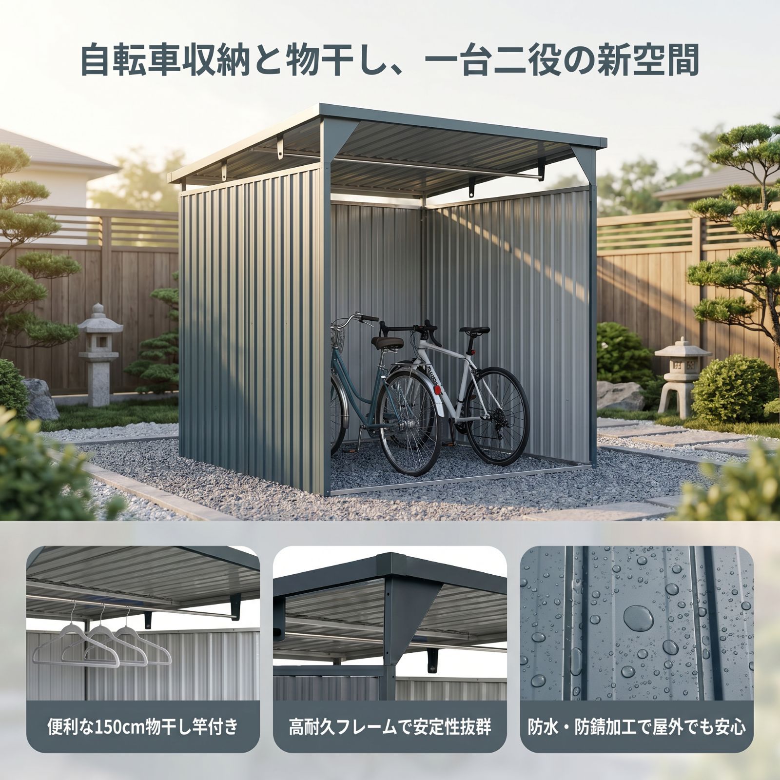 1000円OFFクーポン配布中】物干し竿付き サイクルポート 自転車倉庫 3