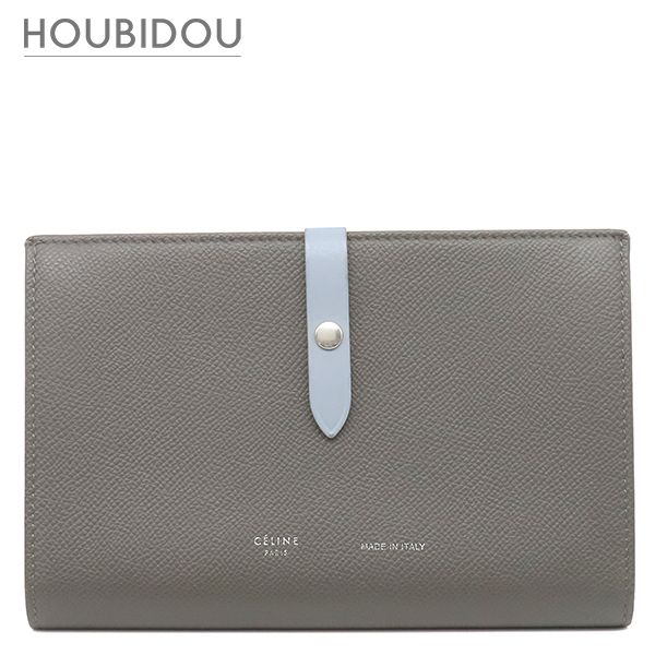 セリーヌ CELINE 長財布 ストラップ ラージ マルチファンクション レザー グレー×ブルー シルバー金具 バイカラー 【箱】【中古】