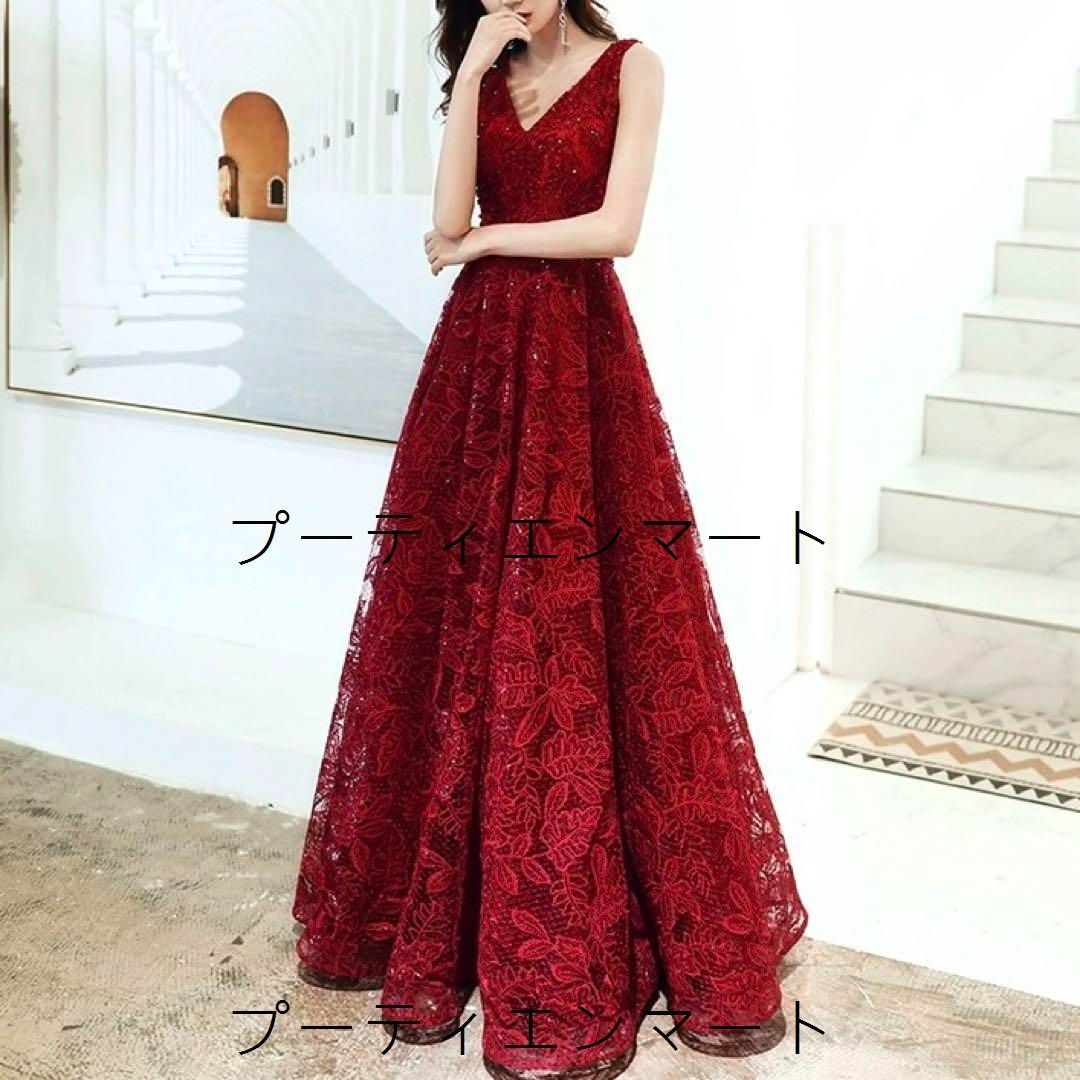 人気商品 26年新作 花柄がシンプルオシャレなVネック ロングイブニングドレス