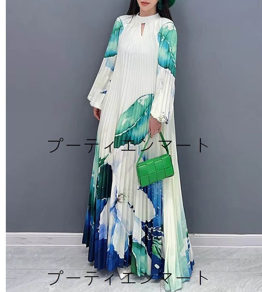 人気商品 ワンピース レディース プリントワンピース マキシワンピース 大きいサイズ ゆったり 長袖 パフスリーブ ぶんわり 花柄ワンピース Aライン 大きなスイング付き セレブ感 0819