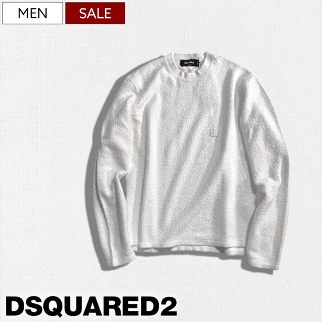 【定価110,000円(税込)】DSQUARED2 ディースクエアード 極上の肌触りがクセになる極上なタオル地を使用した ブランドロゴワッペン クルーネックスウェットトレーナー パイル地 スウェット 長袖 ホワイト タオル地 S71GU0729S25140