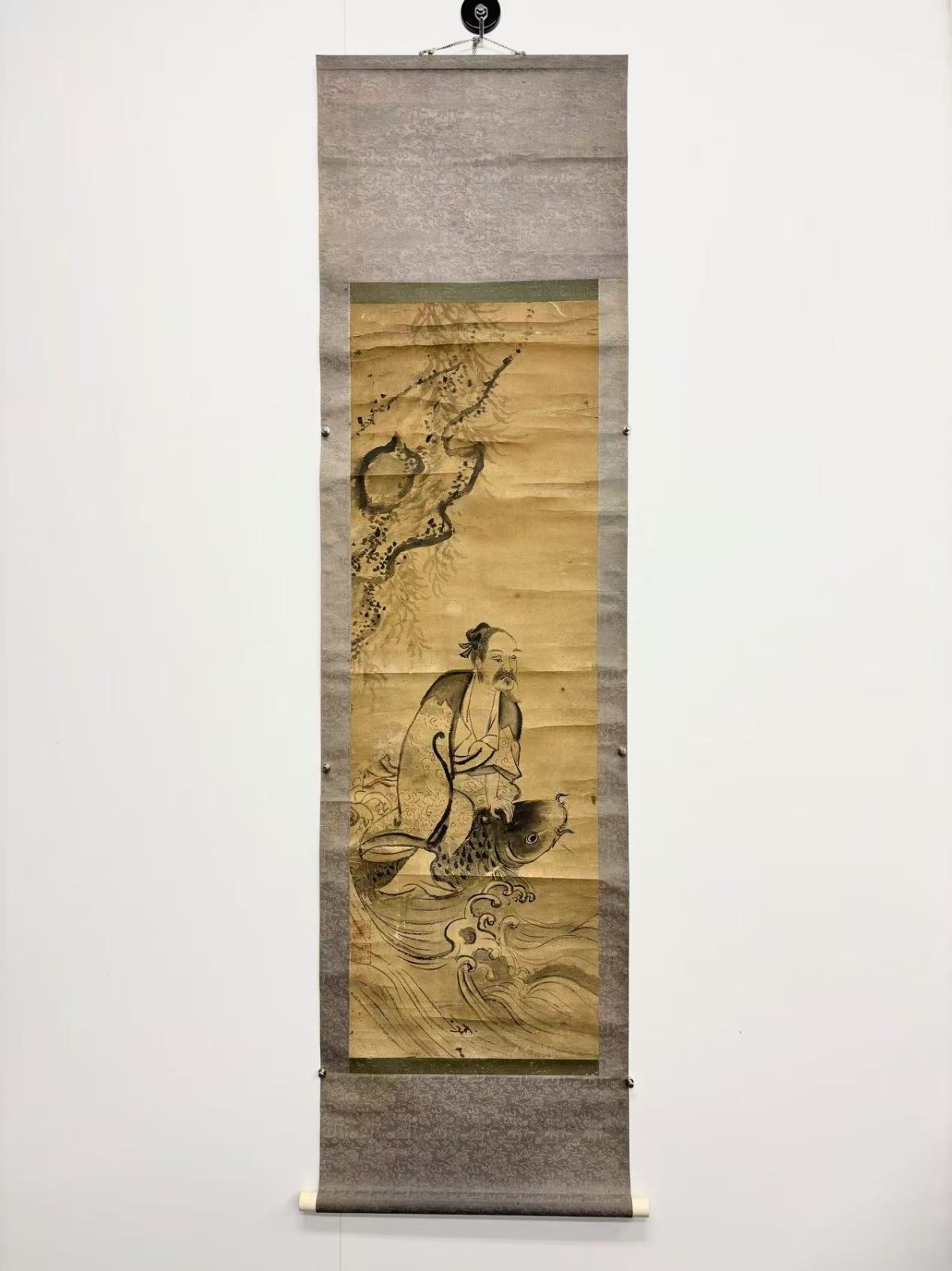 骨董 古美術 水墨画 掛軸 佚名 琴高仙人図 乗鯉大士 時代物