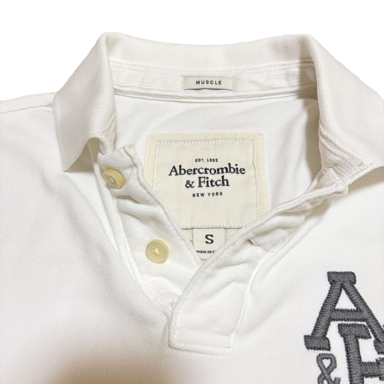 used】Abercrombie & Fitch メンズ 半袖 鹿の子 ポロシャツ 白 S ワン 