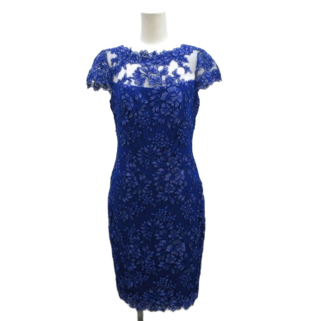 タダシショージ TADASHI SHOJI ワンピース ドレス 2 青 ブルー フレンチスリーブ 花柄 レース ひざ丈 シースルー BCS1812MJ /PP ■GY19