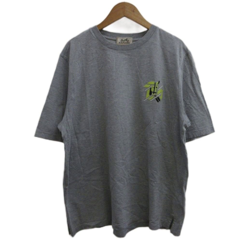 エルメス HERMES シュヴォーアンシンメトリー Chevaux en Symetrie Tシャツ S グレー 半袖 ラムレザー ラウンドネック グラフィックプリント カットソー /PP ■GY19