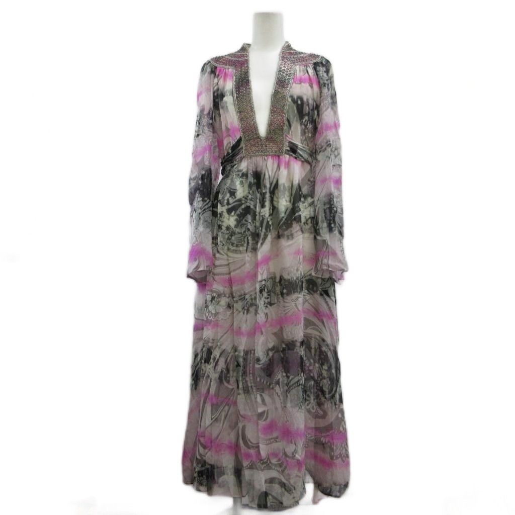 エミリオプッチ EMILIO PUCCI ワンピース 絹 シルク 38 マルチカラー 総柄 長袖 ビーズ装飾 16RG02 ロング丈 /PP ■GY1