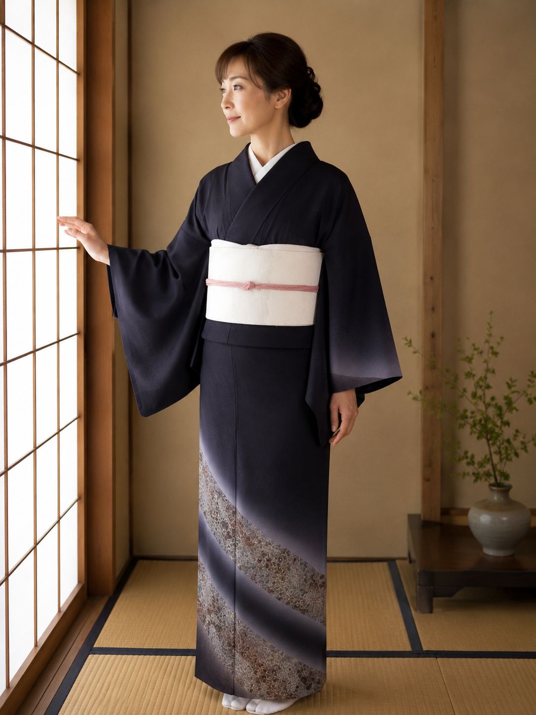 藍墨に浮かぶ更紗の美 夏着物 紗 付け下げ 訪問着 正絹 パールトーン
