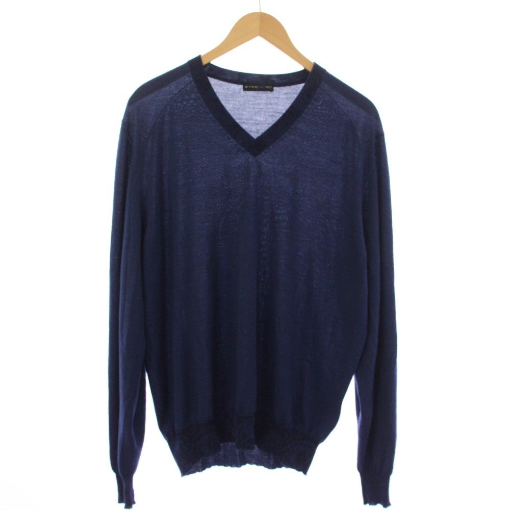 エトロ ETRO ニット セーター シルク混 カシミヤ混 長袖 Vネック 総柄 XL 紺 ネイビー 152-1M101-9540 /TK