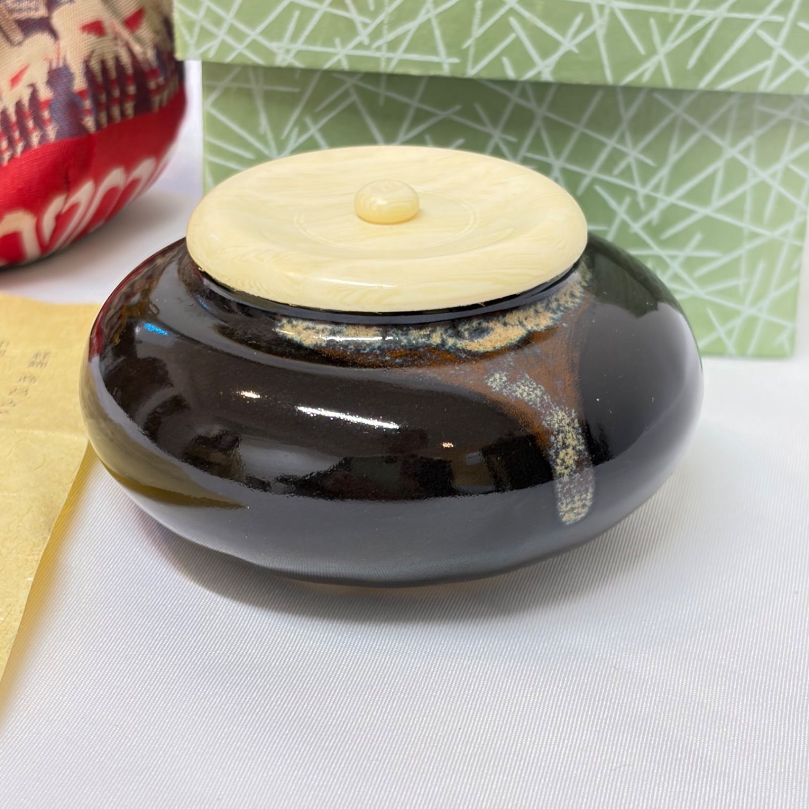 茶道具】大海茶入 仕覆 龍村美術織物「高昌吉羊文」錦箱（緑）付 美品