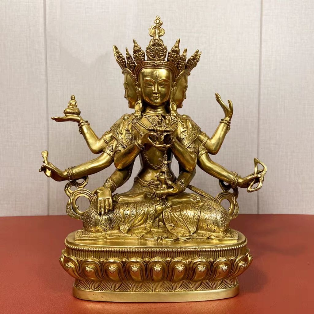 極上品.純銅製・尊勝仏母像（黄銅製チベット風）高髷・三面八臂の菩薩像置物