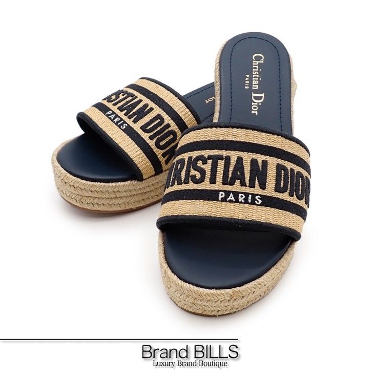 未使用品 Christian Dior クリスチャンディオール Dway プラットフォームスライド #37 コットン ベージュ ネイビー レディース