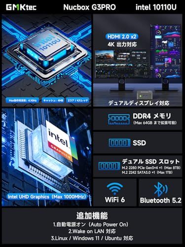 【Intel Core i3-10110U初登場】GMKtec ミニPC G3 Pro mini pc 最大4.1GHz 64GB DDR4＋8TB SSD拡張可能｜｜ミニパソコン Windows11 Pro 小型pc 2.5G LAN Wi 193c2c1c