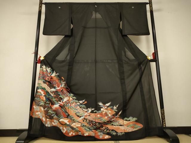 平和屋着物＊夏物　黒留袖　絽　地紙花鳥文　金彩　洗える着物　AABI4704jd