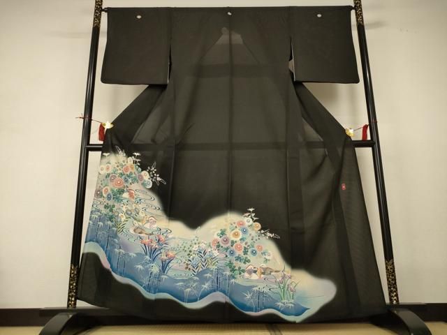 平和屋着物＊夏物　黒留袖　絽　友禅　作家物　流水花鳥文　暈し染め　正絹　逸品　AABI4705jd