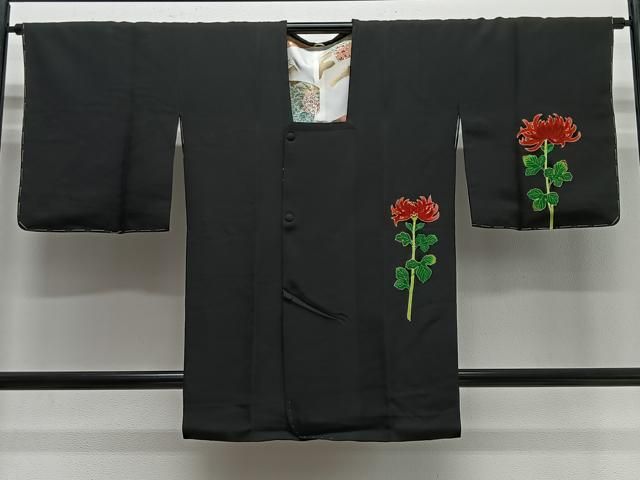 平和屋着物＃道行コート　刺繍　乱菊　黒地　ロング丈　正絹　逸品　未使用　CABG3642ua