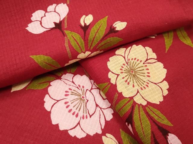 平和屋着物∴夏物　綿紅梅　浴衣　枝桜文　綿　逸品　CABG4023gh