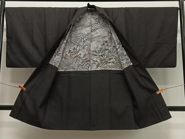 平和屋着物∞男性 長羽織 紬地 鉄黒色 正絹 逸品 CABG3659ua