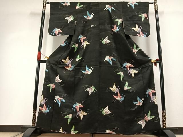 平和屋着物●上質な小紋　舞蝶文　黒地　金彩　正絹　逸品　AABI1632fy