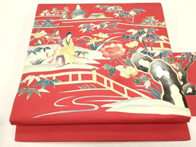 平和屋着物●塩瀬　九寸名古屋帯　駒刺繍　人物風景文　金彩　正絹　逸品　CABG2923dy