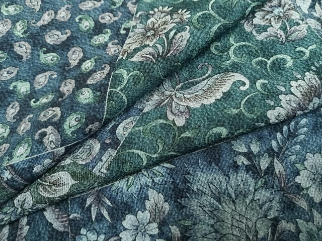平和屋着物●上質な小紋　藍　切嵌更紗花蝶文　正絹　逸品　未使用　AABI1647fy