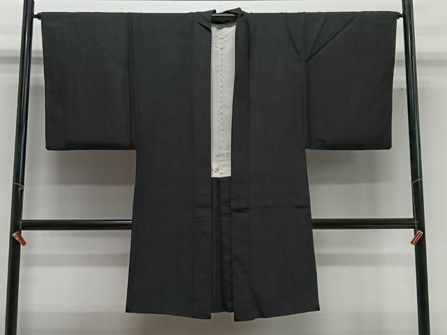 平和屋着物∞男性 長羽織 紬地 暗黒色 正絹 逸品 CABG3681ua