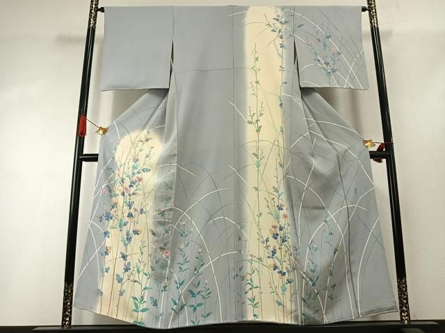 平和屋着物●名匠・初代由水十久師事　本加賀友禅作家　竹内銀風　訪問着　枝花文　暈し染め　反端付き　正絹　逸品　AABI1660fy